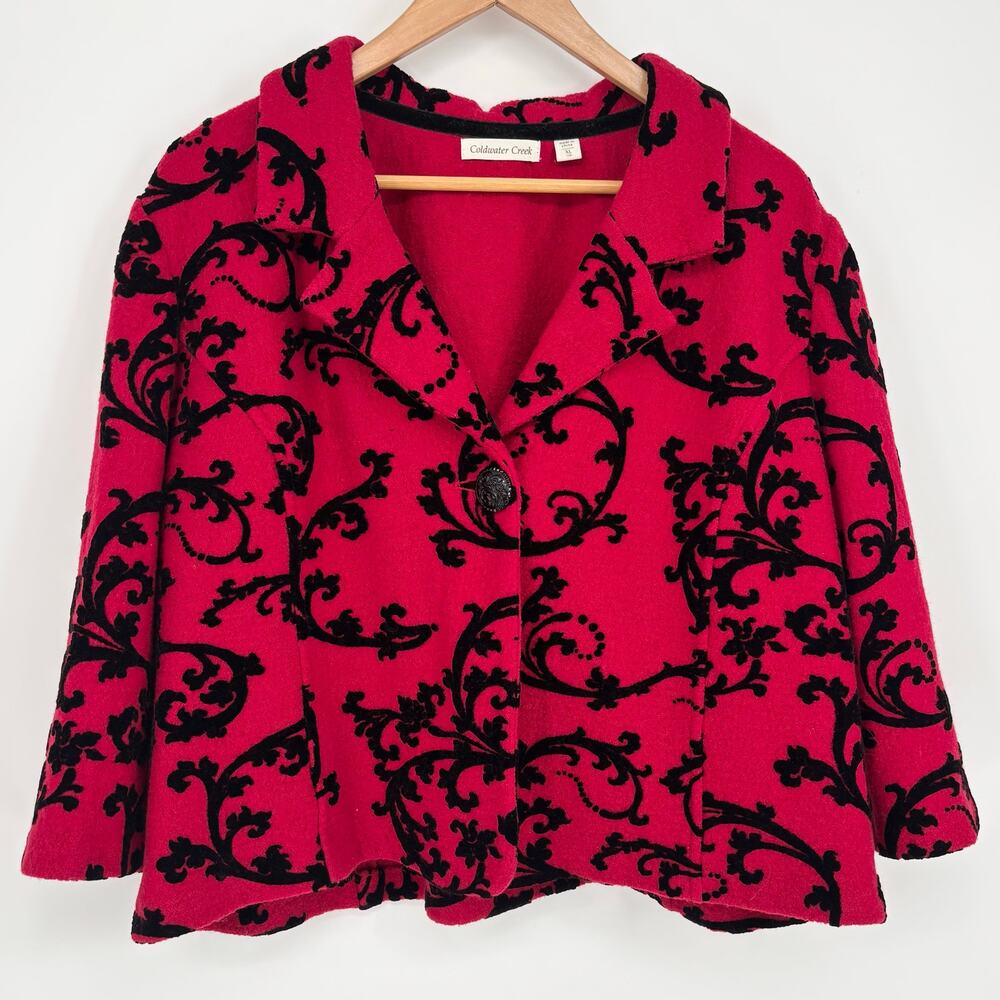 Coldwater Creek 100% Wool Black and Red Cropped Jacket Size XL